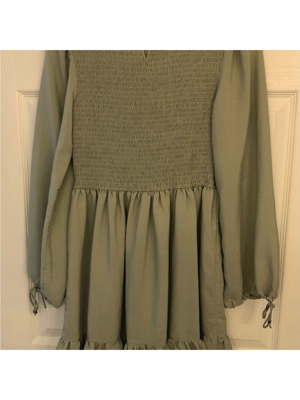 Size S ZESICA Boho Chic Mint/Sage Smocked Tiered Ruffled Mini Dress Baby Doll - Picture 3 of 10